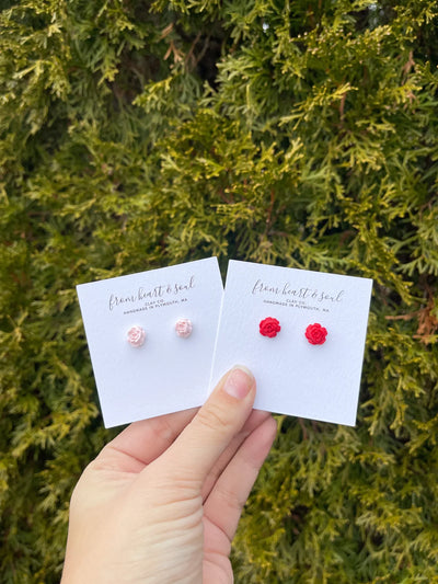 Rose stud earrings red pink handmade clay lightweight teacher woman-owned cute chic trendy earrings Modern smart causal female chic effortless outfit womens ladies gift elegant effortless clothing everyday stylish clothes apparel outfits chic winter spring style women’s boutique trendy teacher office cute outfit boutique clothes fashion quality work from home lounge athleisure gift for her midsize curvy sizes 